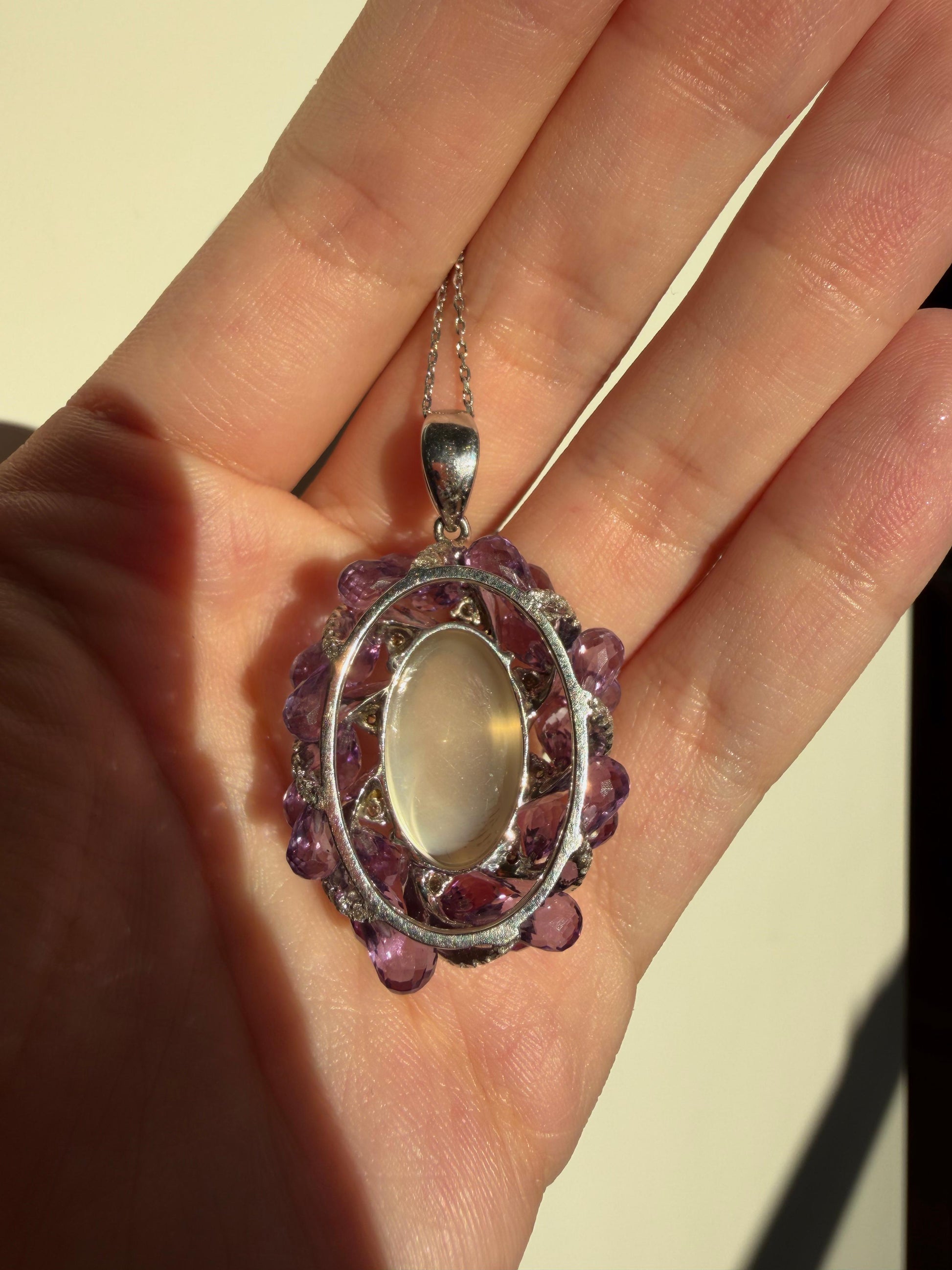 18k White Gold Diamond, Briolette Amethyst and Moonstone Pendant Necklace