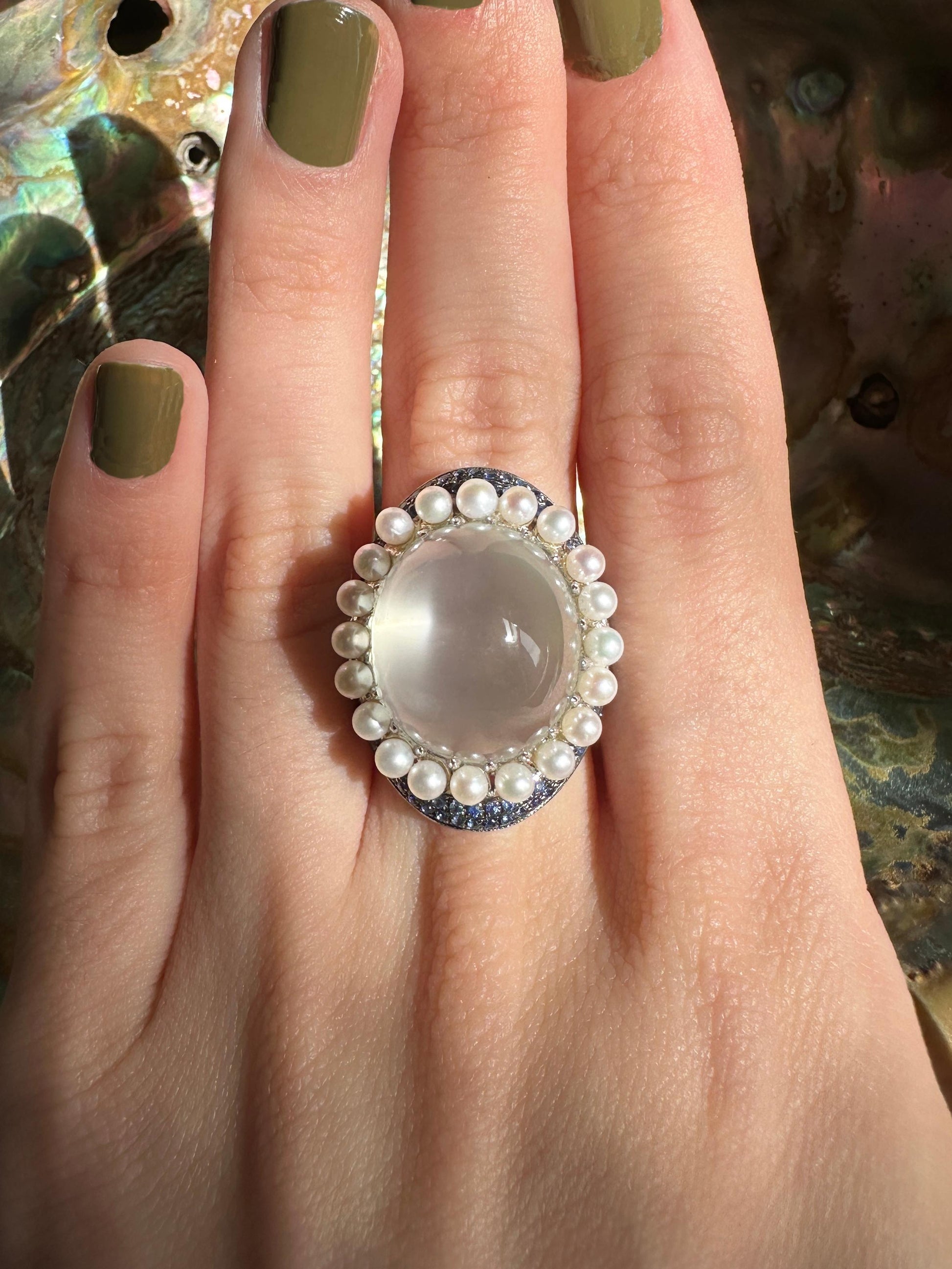18k White Gold Pearl, Diamond, Sapphire and Moonstone Cocktail Ring