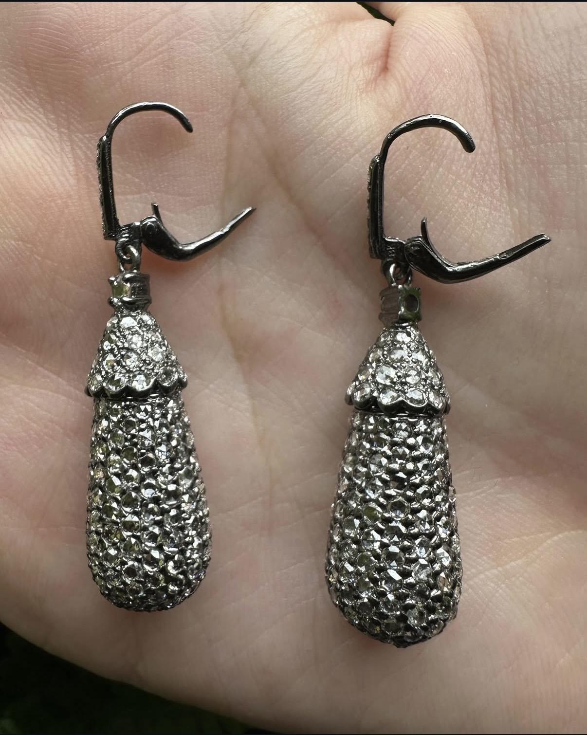 18K 7.05 Carat Rose Cut Diamond Acorn Drop Earrings