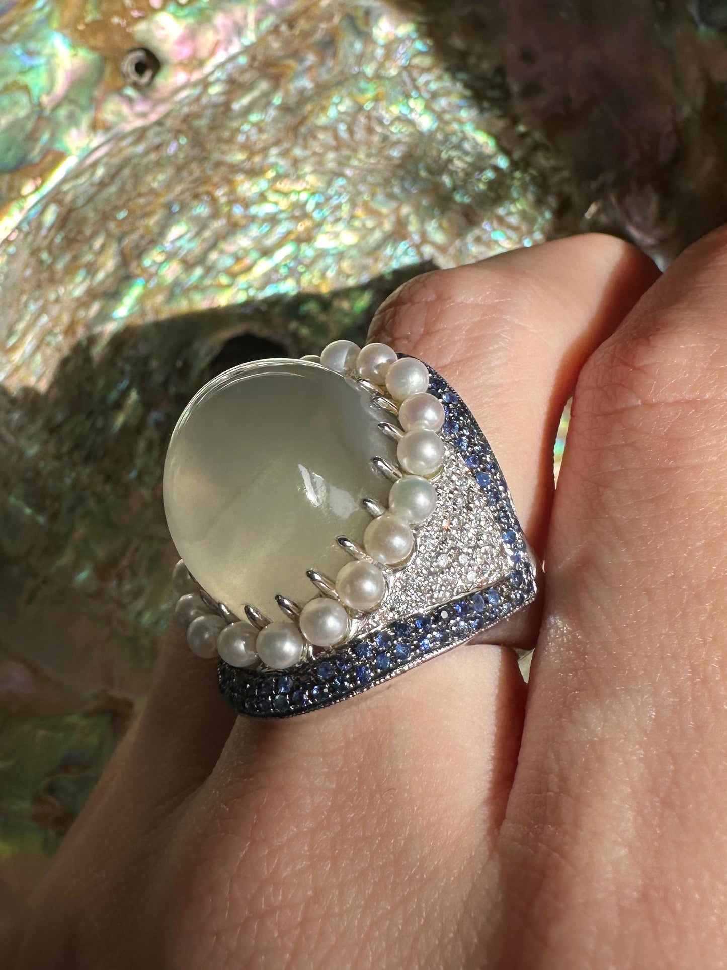 18k White Gold Pearl, Diamond, Sapphire and Moonstone Cocktail Ring