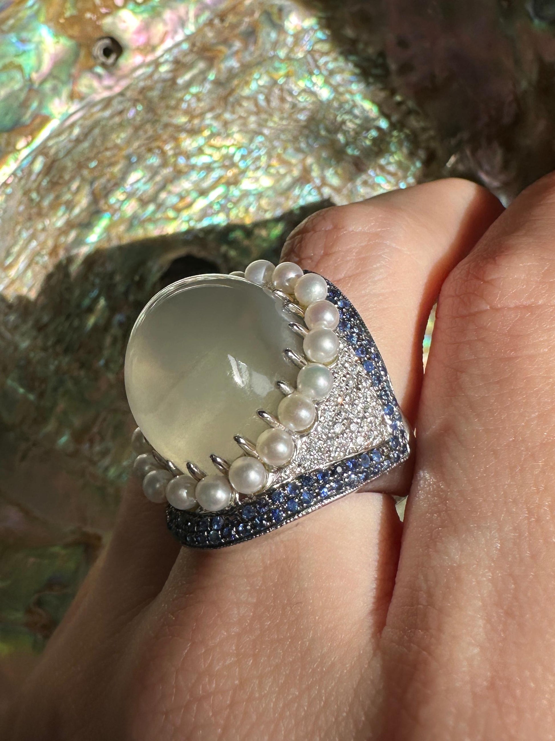 18k White Gold Pearl, Diamond, Sapphire and Moonstone Cocktail Ring