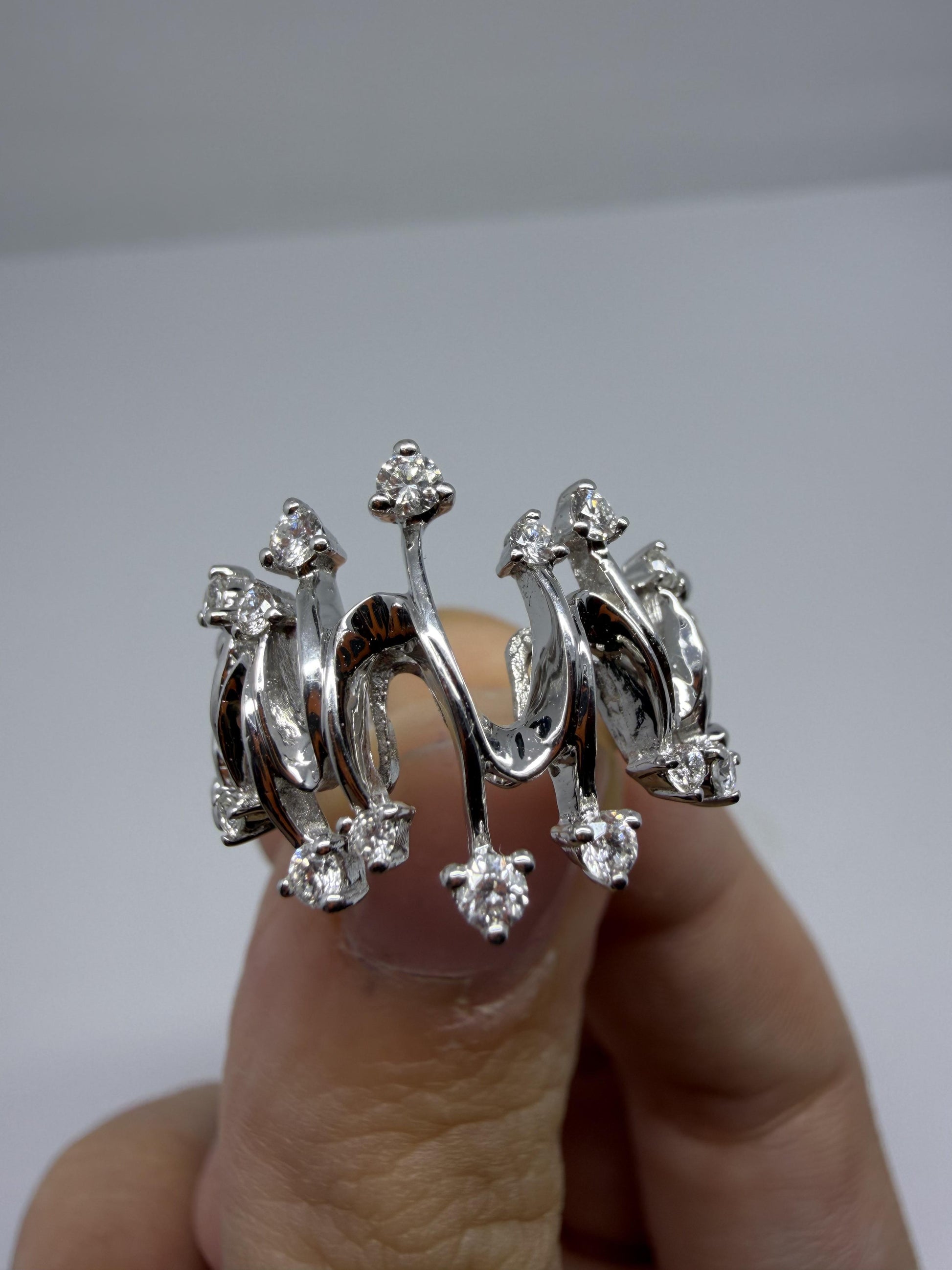 18K White Gold Diamond Abstract Wavy Band, Contemporary Statement Ring