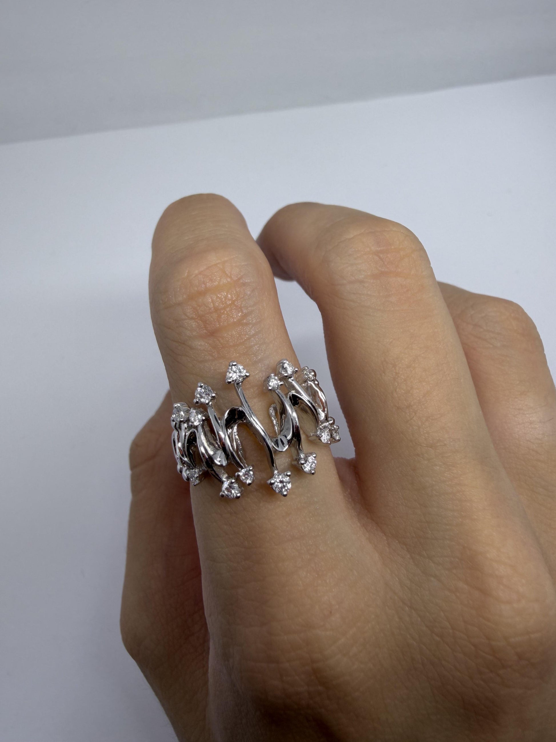 18K White Gold Diamond Abstract Wavy Band, Contemporary Statement Ring