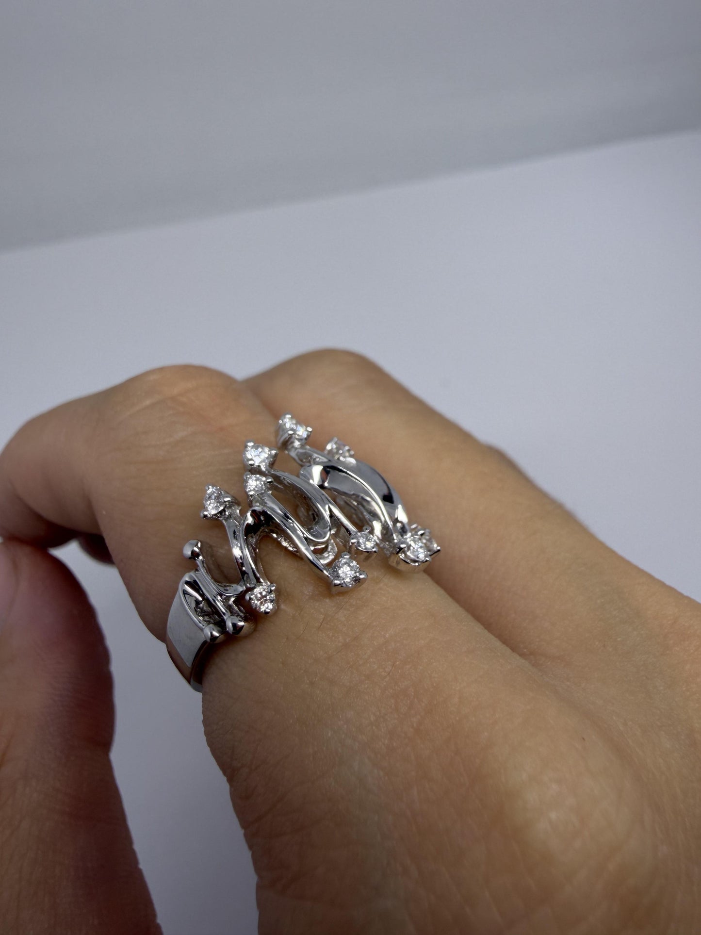 18K White Gold Diamond Abstract Wavy Band, Contemporary Statement Ring