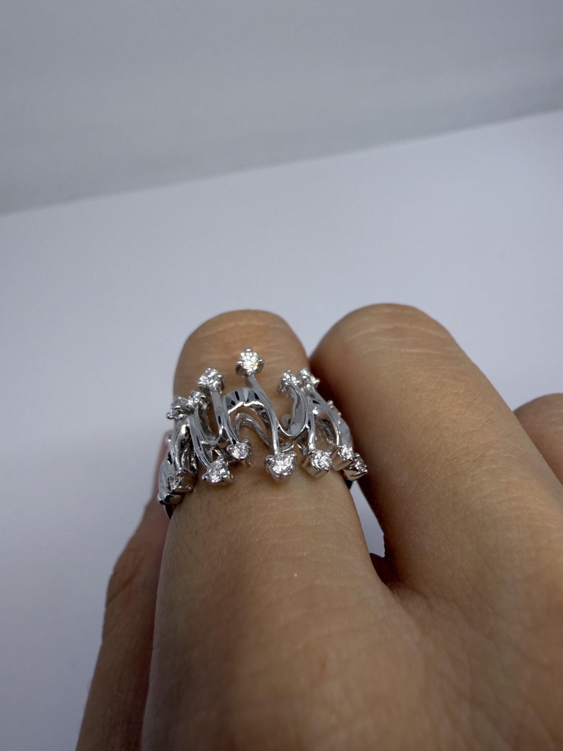 18K White Gold Diamond Abstract Wavy Band, Contemporary Statement Ring