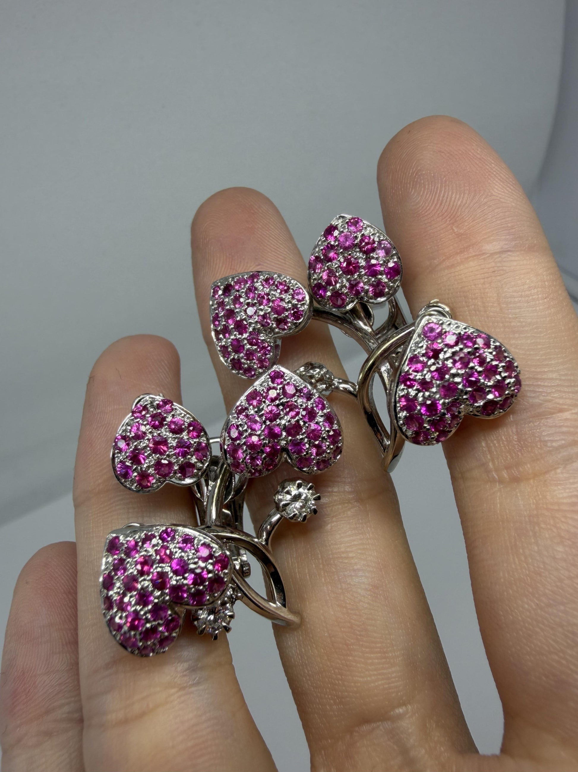 18k White Gold 3.26 Carat Pink Sapphire and Diamond Heart Spring Earrings