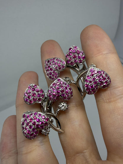 18k White Gold 3.26 Carat Pink Sapphire and Diamond Heart Spring Earrings