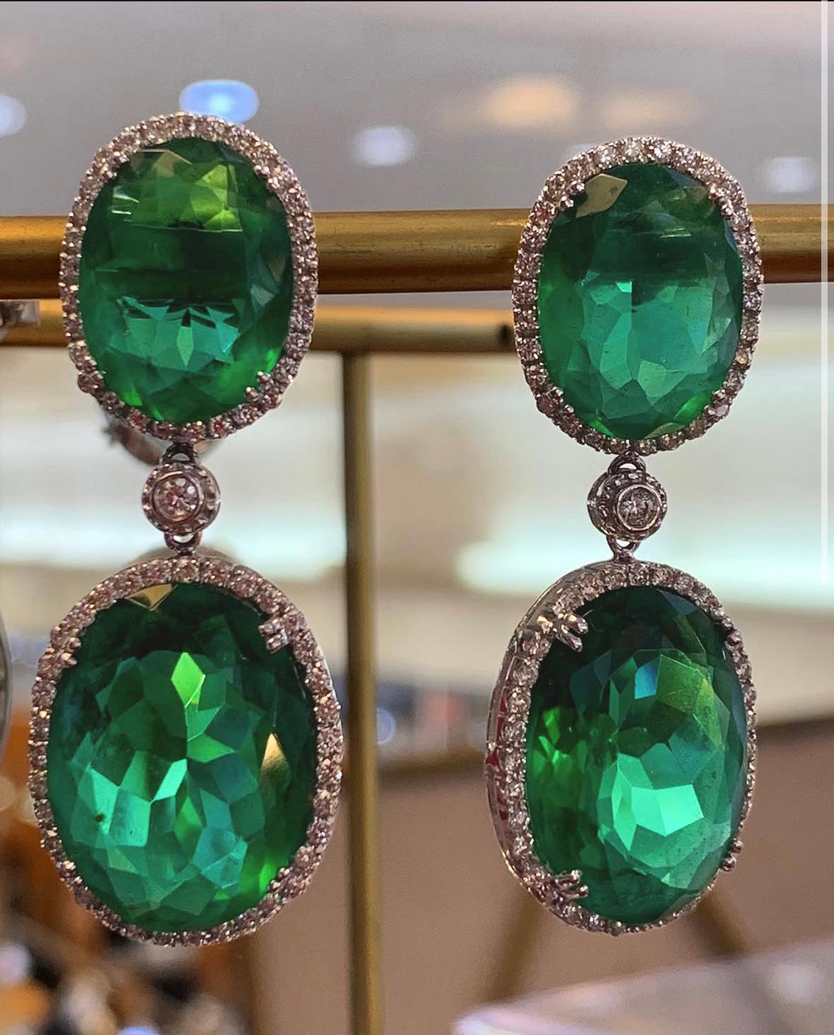 18K White Gold Diamond and Green Quartz Drop Earrings