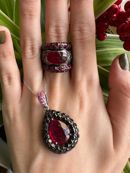 18K White Gold Black Diamond, African Ruby and Ruby Wide Band Ring - Size 7.50