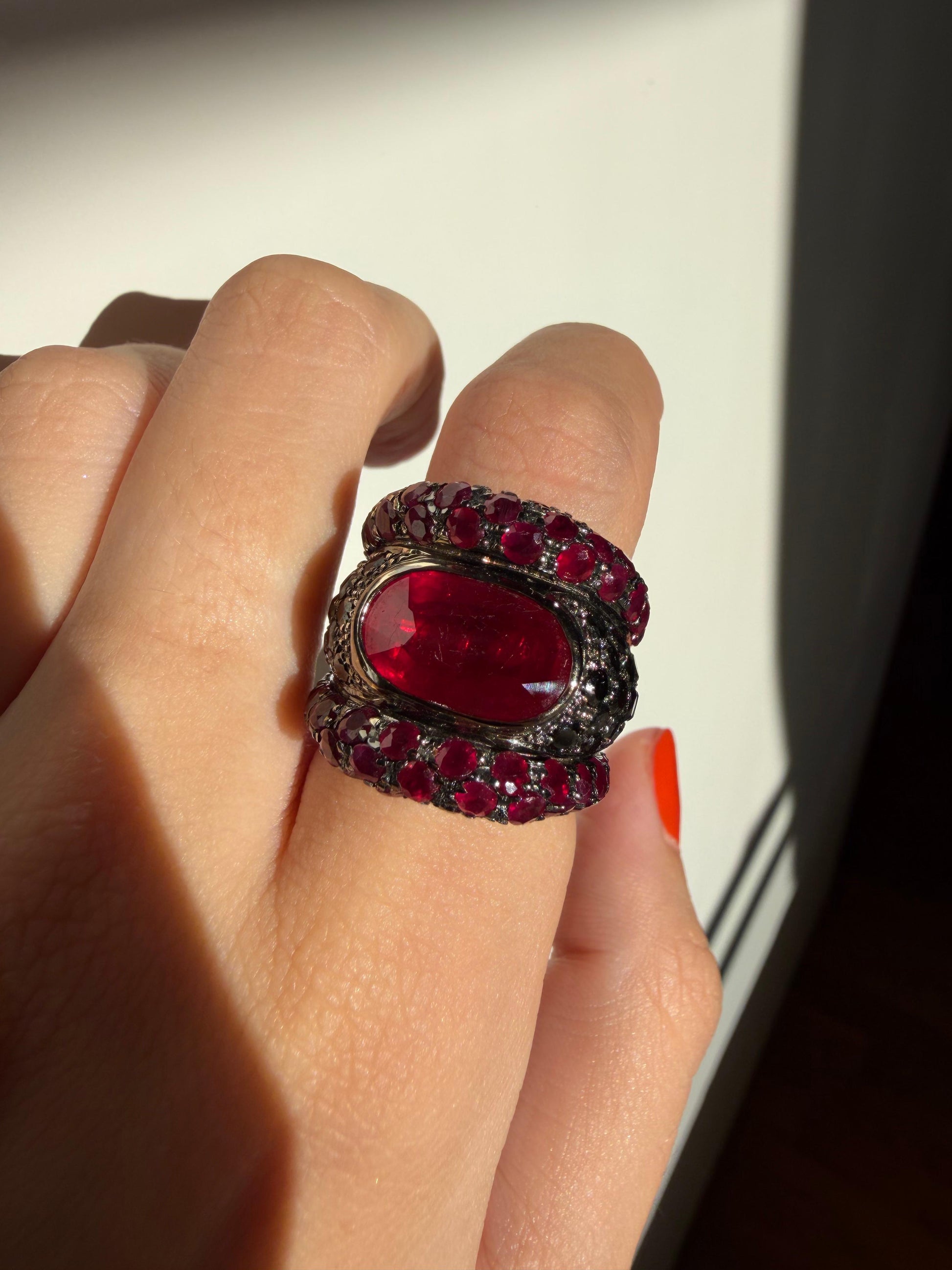 18K White Gold Black Diamond, African Ruby and Ruby Wide Band Ring - Size 7.50