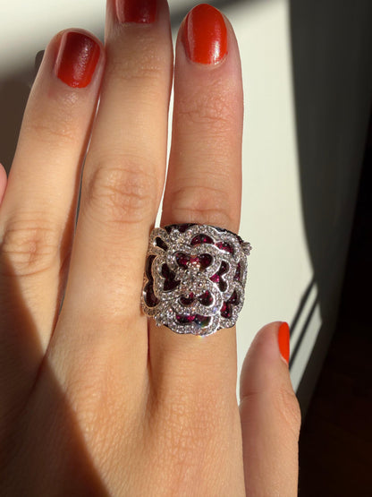 18K White Gold 1.28 Carat Diamond and 4.45 Carat Ruby Spider Web Wide Band Ring