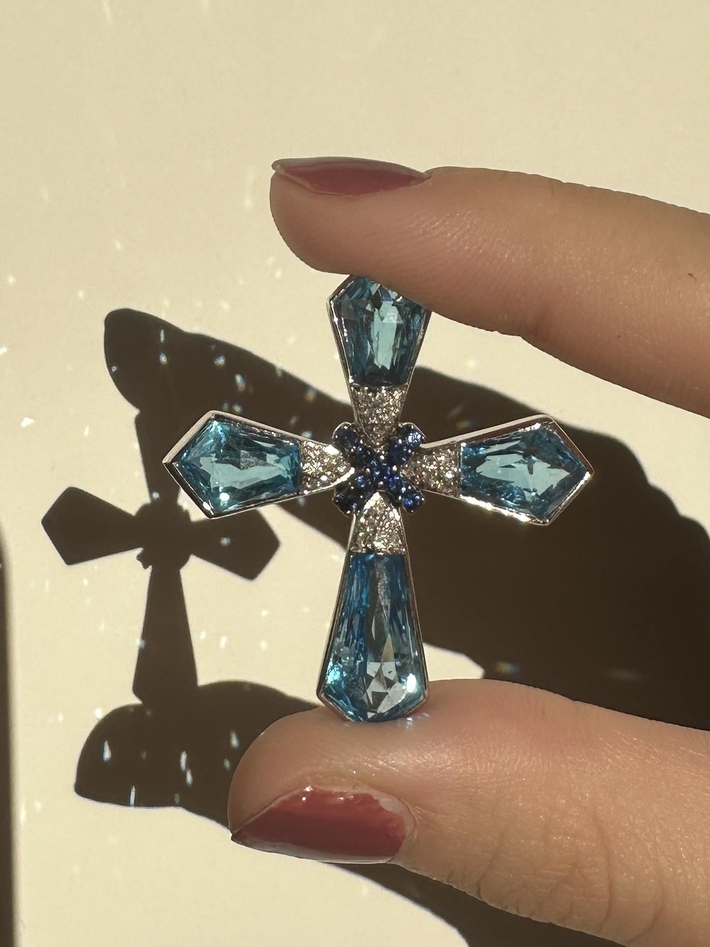 18k Estate Diamond, Sapphire, and London Blue Topaz Gadi Cross Pendant