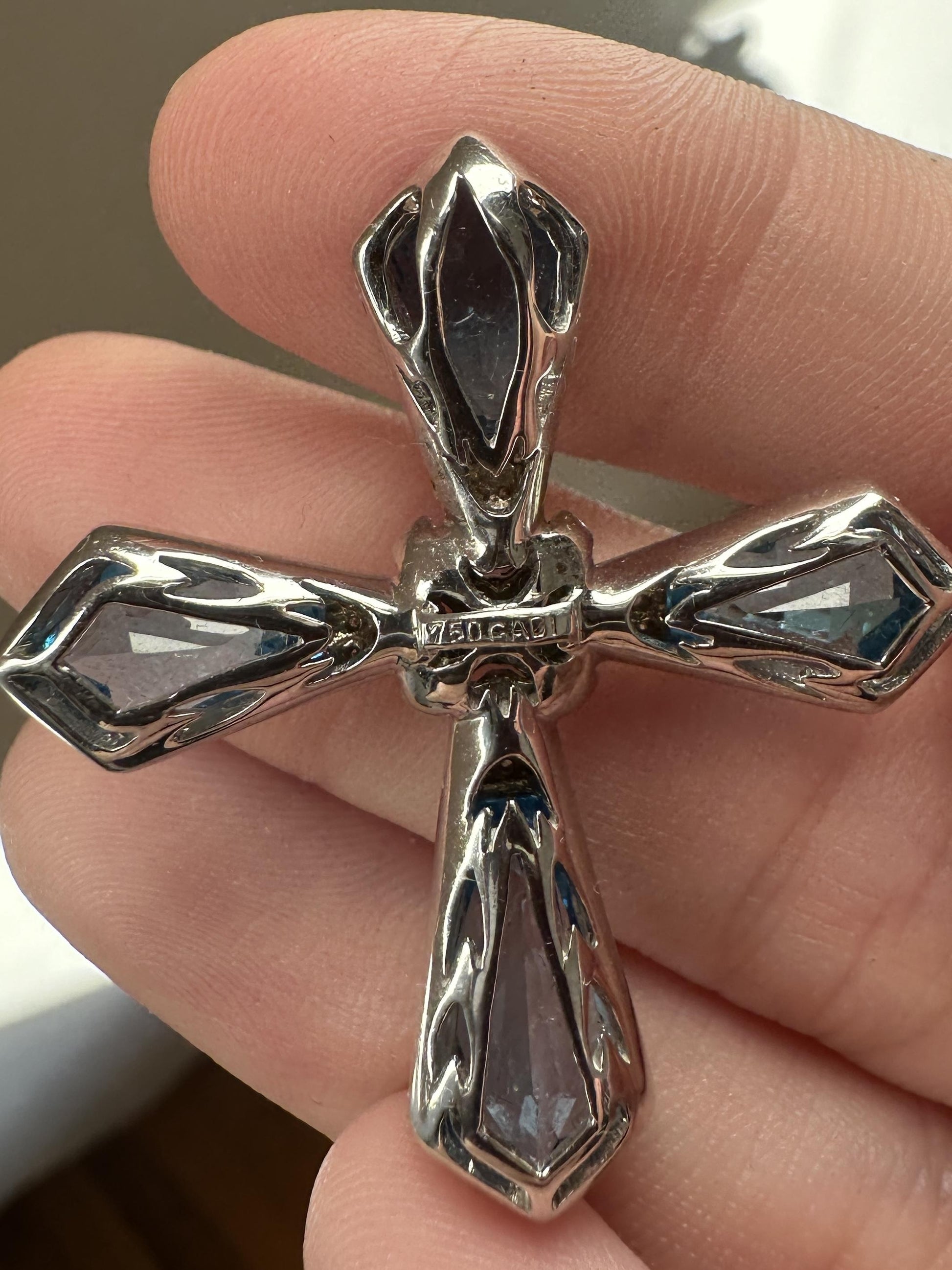 18k Estate Diamond, Sapphire, and London Blue Topaz Gadi Cross Pendant