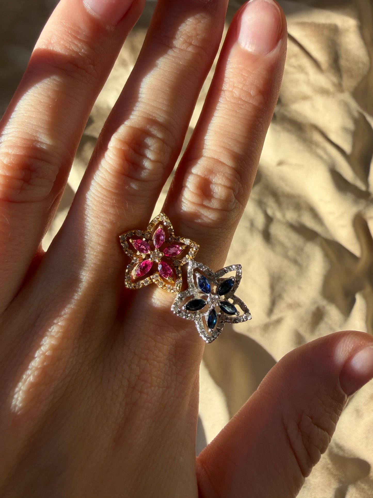 18K Two Tone Marquise Sapphire, Ruby and Diamond Bypass Floral Ring