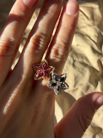 18K Two Tone Marquise Sapphire, Ruby and Diamond Bypass Floral Ring