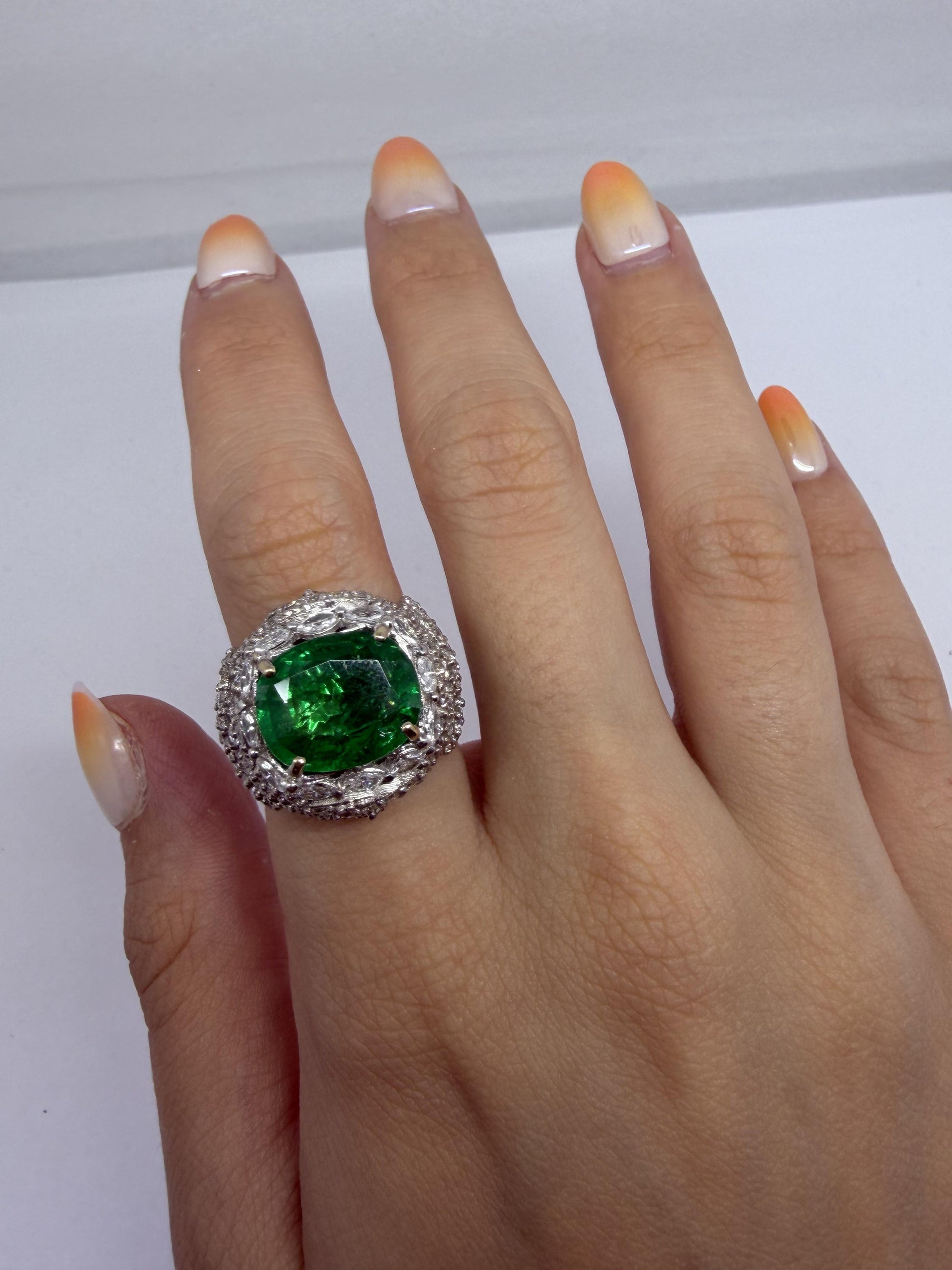 18K White Gold 6.32 Carat Emerald and Diamond Cocktail Ring - Size 7