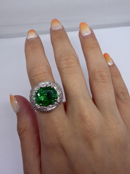 18K White Gold 6.32 Carat Emerald and Diamond Cocktail Ring - Size 7