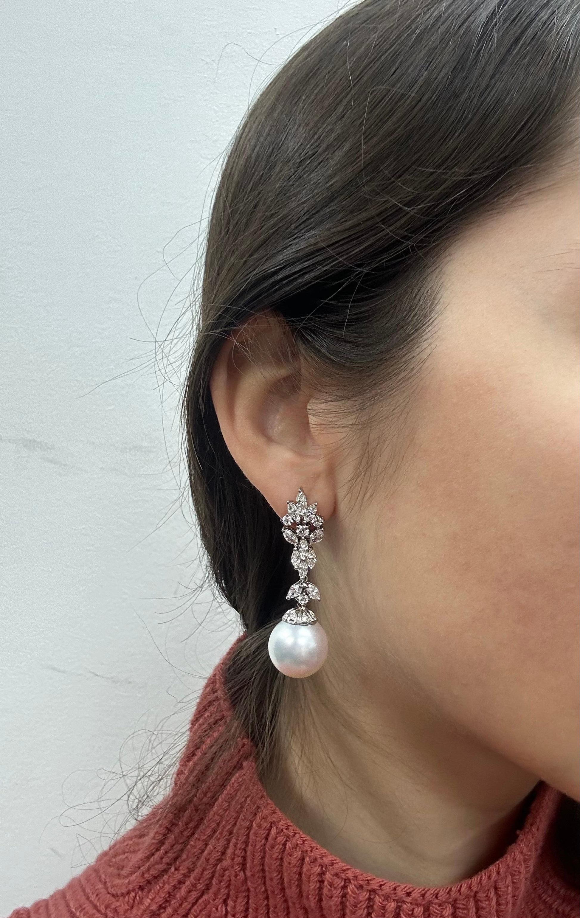 18K White Gold Marquise Cut Diamond and Pearl Drop Earrings