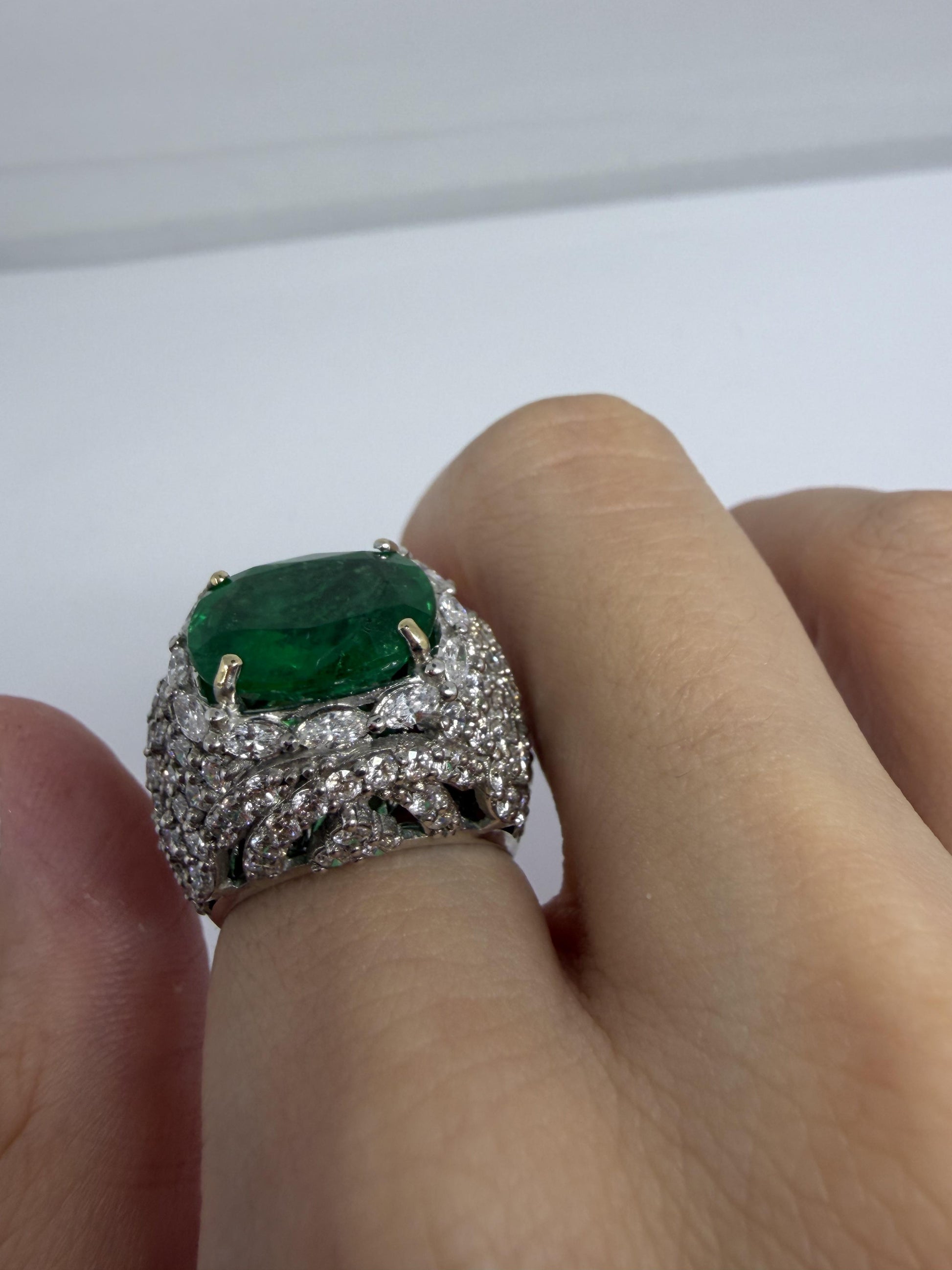 18K White Gold 6.32 Carat Emerald and Diamond Cocktail Ring - Size 7