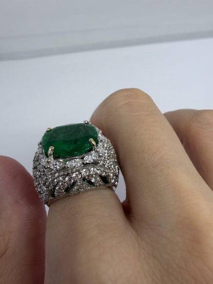 18K White Gold 6.32 Carat Emerald and Diamond Cocktail Ring - Size 7