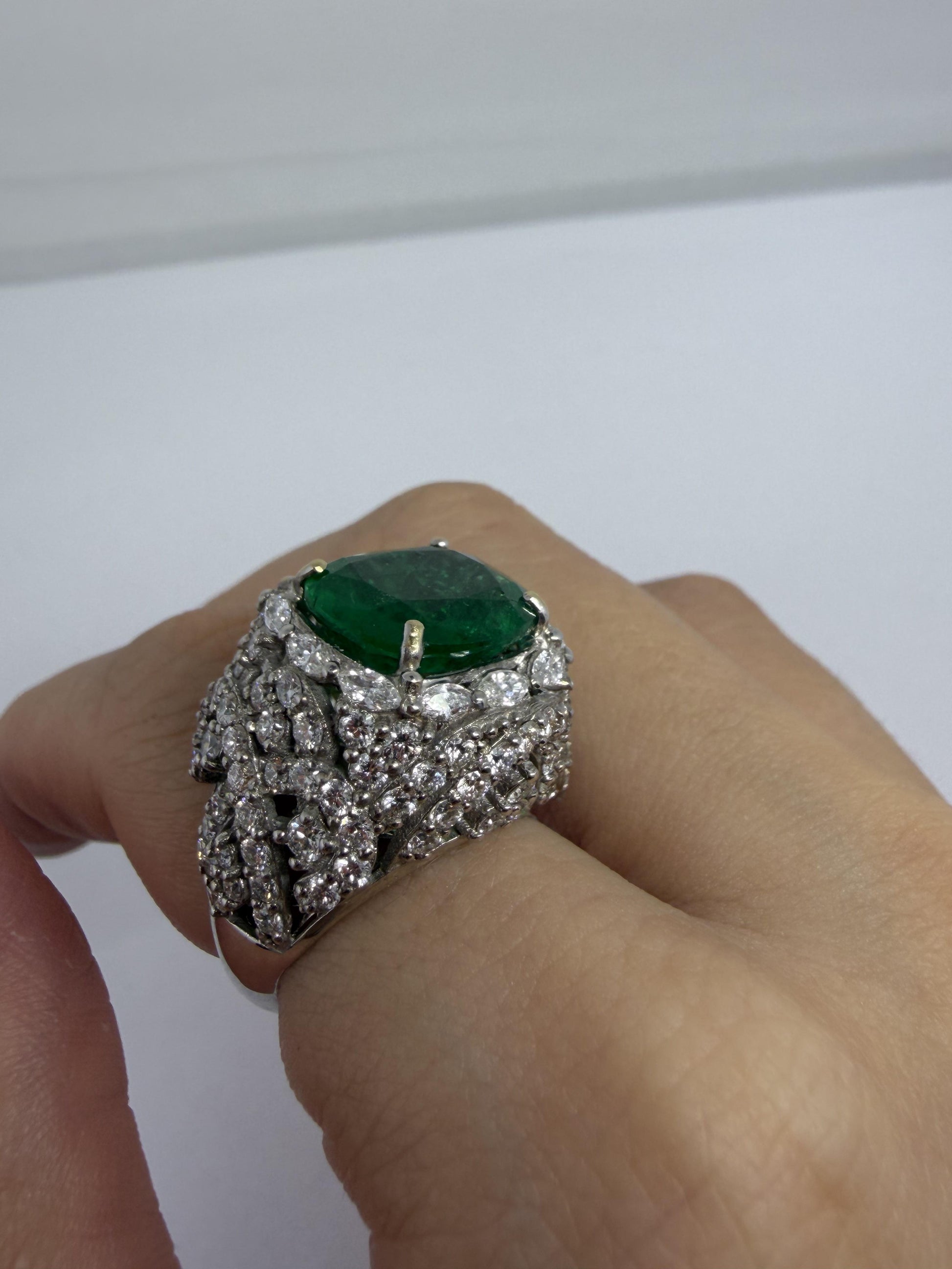 18K White Gold 6.32 Carat Emerald and Diamond Cocktail Ring - Size 7