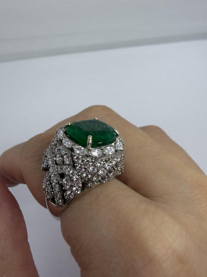 18K White Gold 6.32 Carat Emerald and Diamond Cocktail Ring - Size 7