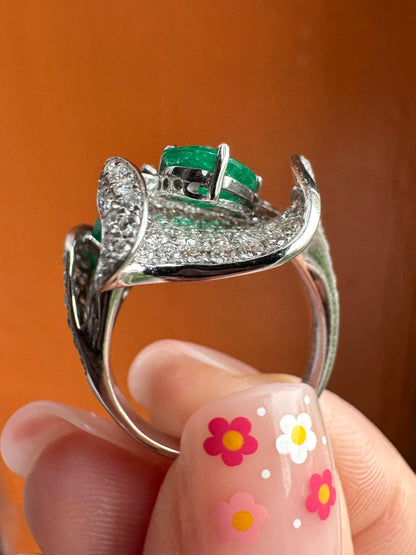 18K White Gold 1.87 Carat Pear Cut Emerald and Diamond Toi et Moi Leaf Ring