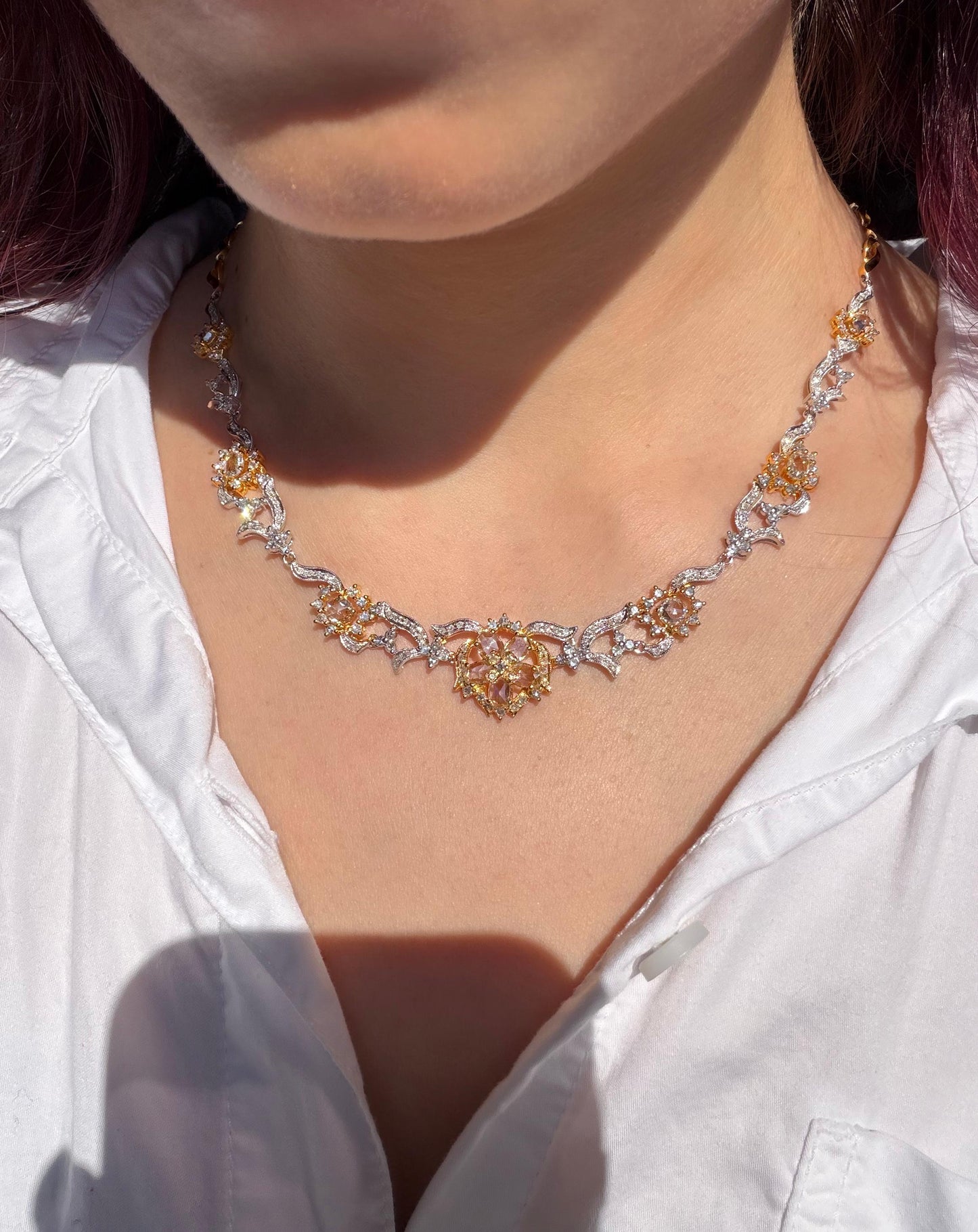 Stunning 18K Two Tone 5.97 Carat Rose Cut Diamond Flower Necklace - 16.5 inches