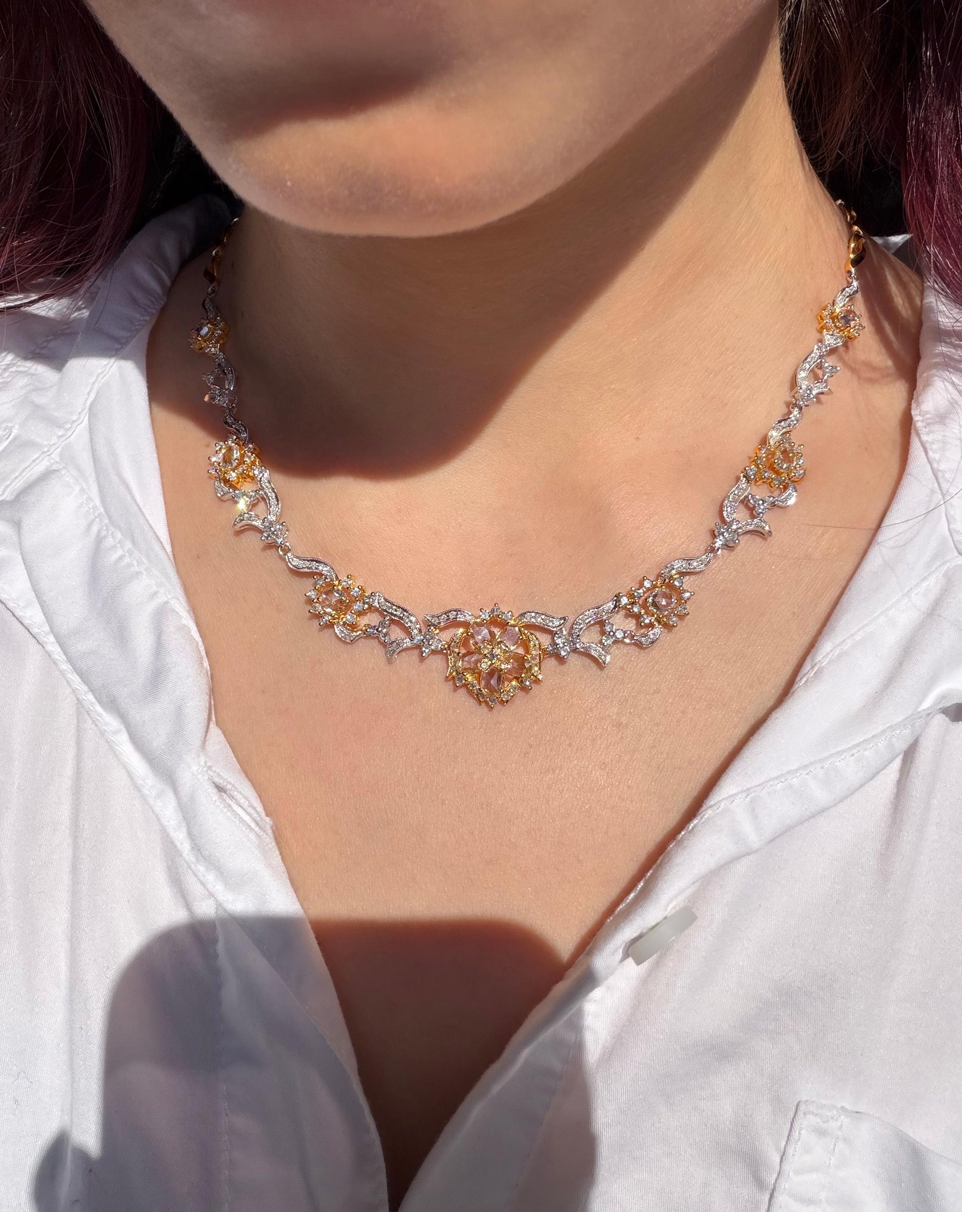 Stunning 18K Two Tone 5.97 Carat Rose Cut Diamond Flower Necklace - 16.5 inches