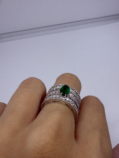 18K White Gold Pear Cut Emerald and Diamond Wide Band Ring - Size 6.25