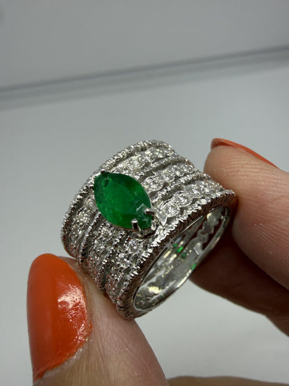 18K White Gold Pear Cut Emerald and Diamond Wide Band Ring - Size 6.25