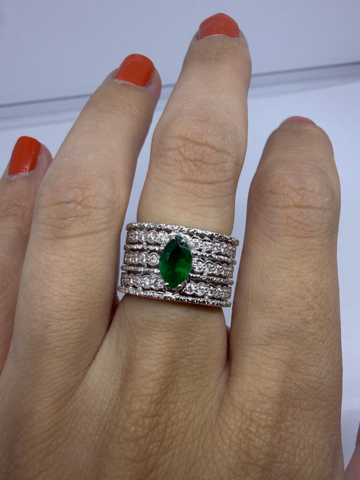 18K White Gold Pear Cut Emerald and Diamond Wide Band Ring - Size 6.25