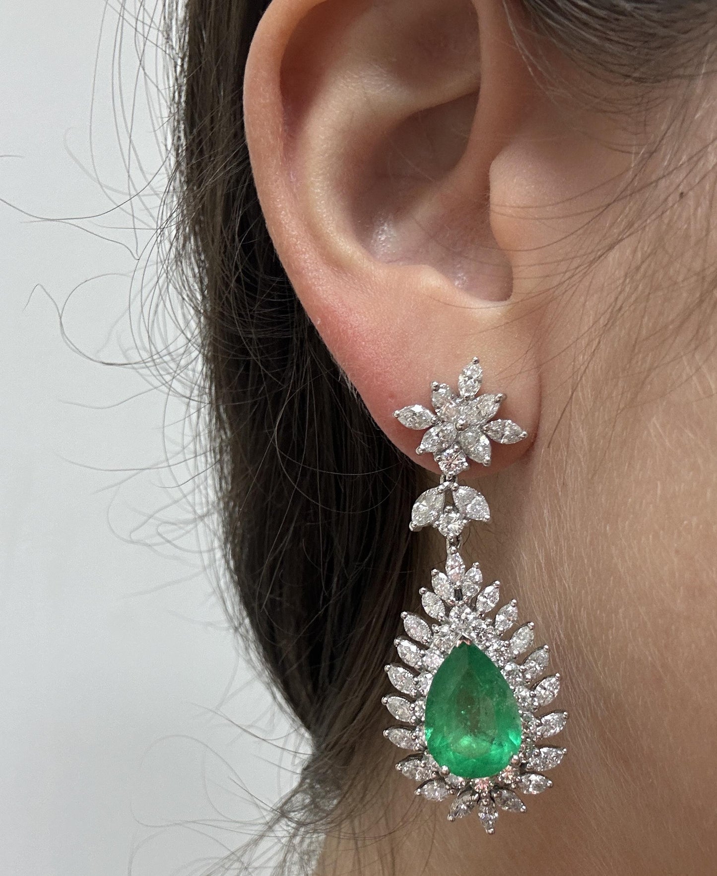 18k Marquise Cut Diamond and Pear Cut Emerald Earrings