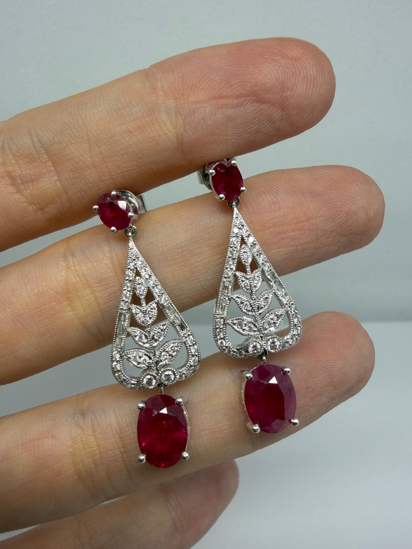 Platinum 4.98 Carat Ruby and Diamond Leaf Motif Drop Earrings with 18K Backs