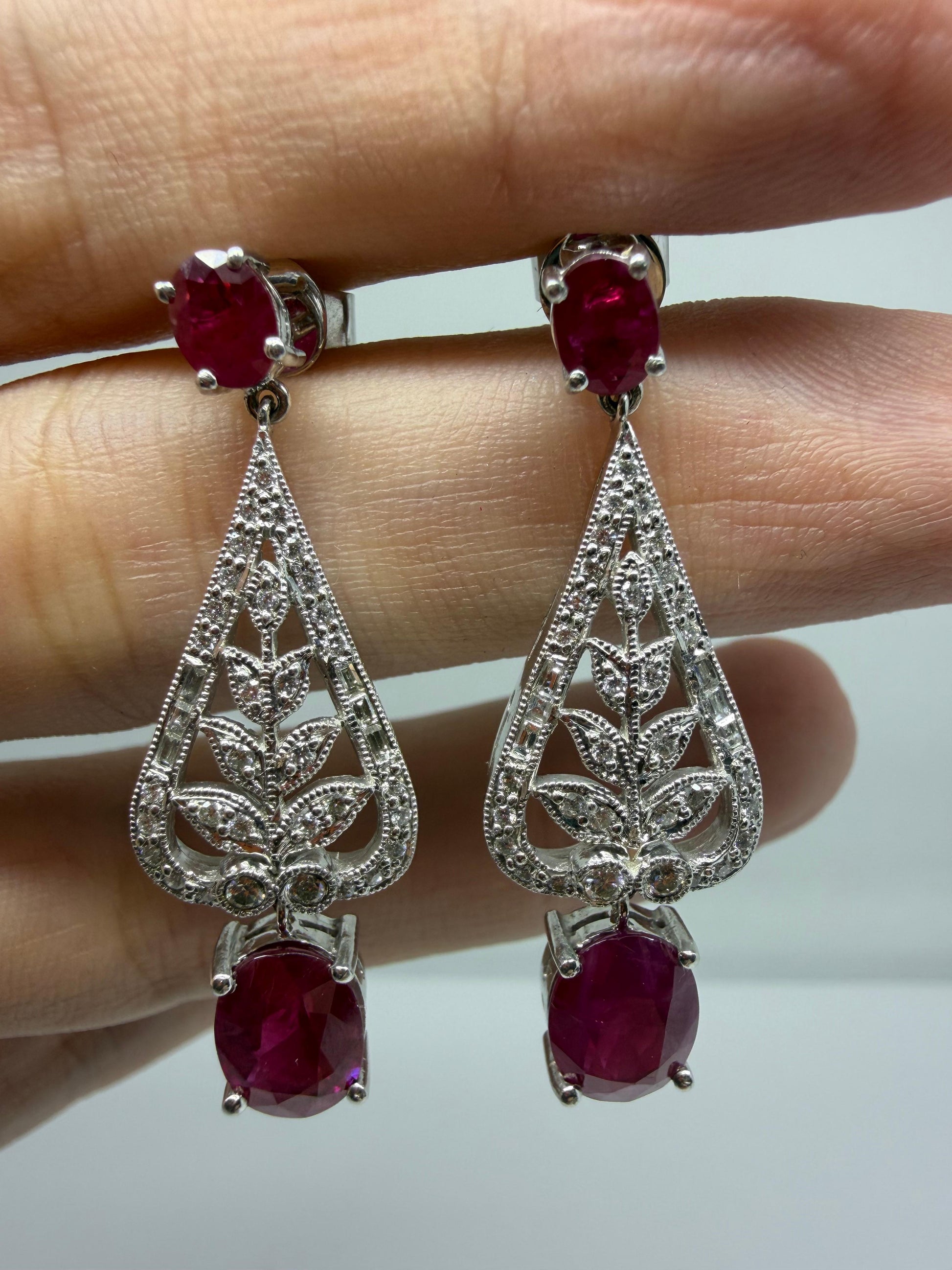 Platinum 4.98 Carat Ruby and Diamond Leaf Motif Drop Earrings with 18K Backs