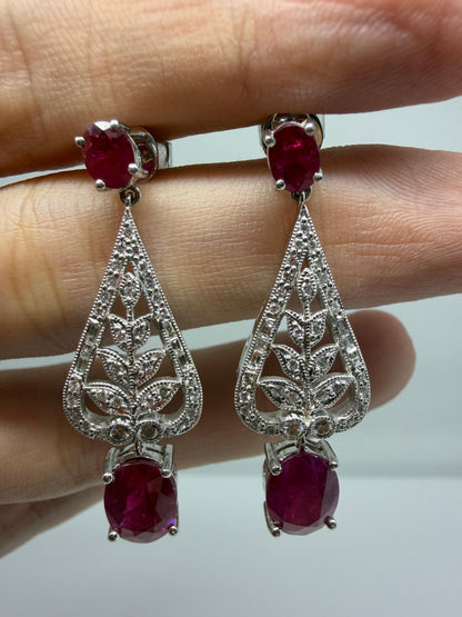 Platinum 4.98 Carat Ruby and Diamond Leaf Motif Drop Earrings with 18K Backs