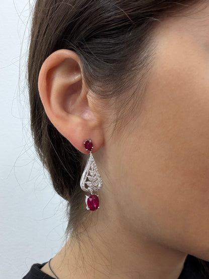 Platinum 4.98 Carat Ruby and Diamond Leaf Motif Drop Earrings with 18K Backs