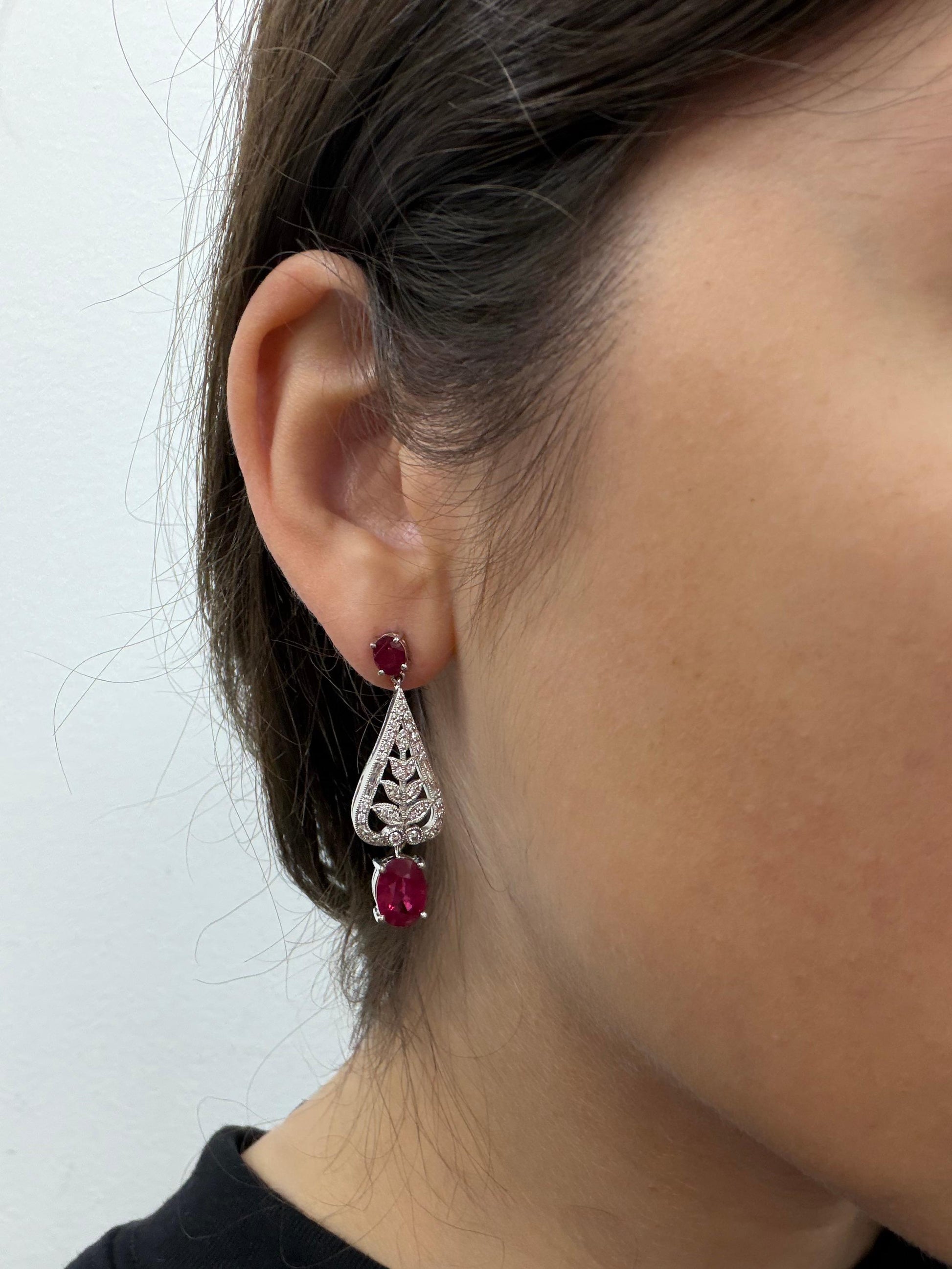 Platinum 4.98 Carat Ruby and Diamond Leaf Motif Drop Earrings with 18K Backs