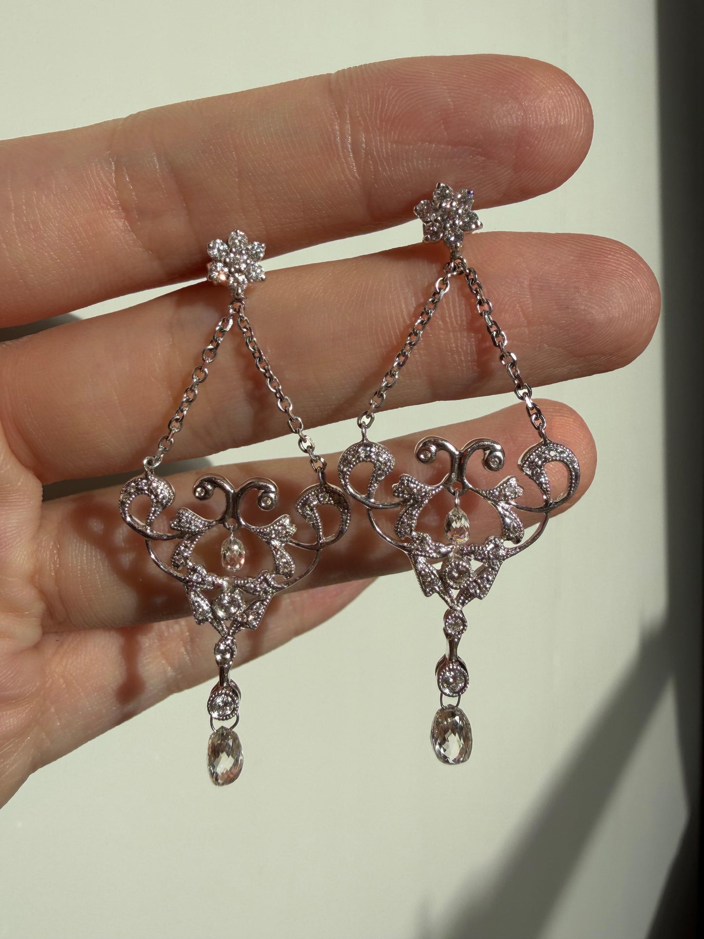 18K White Gold Briolette Diamond Chandelier Drop Earrings