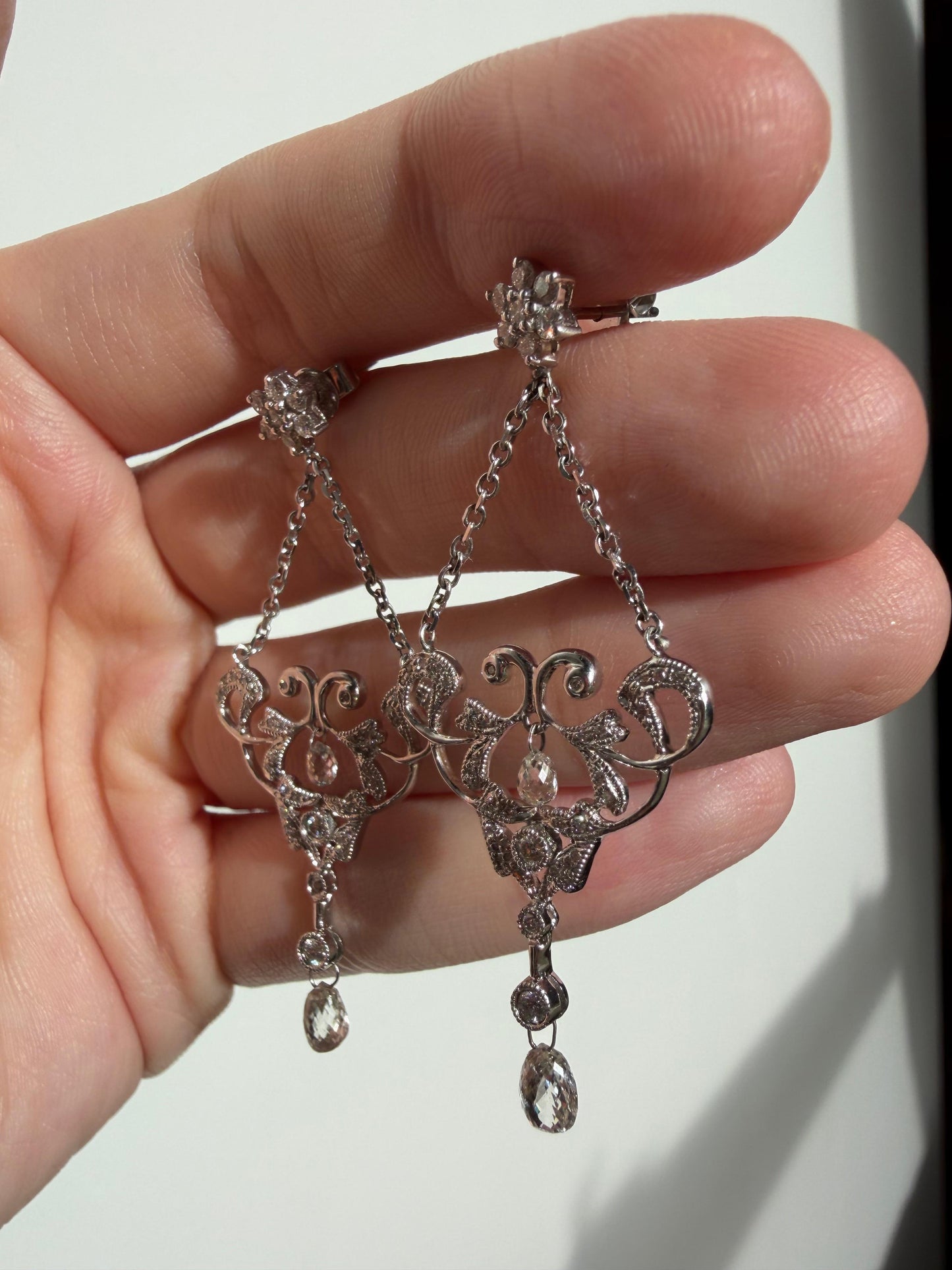 18K White Gold Briolette Diamond Chandelier Drop Earrings