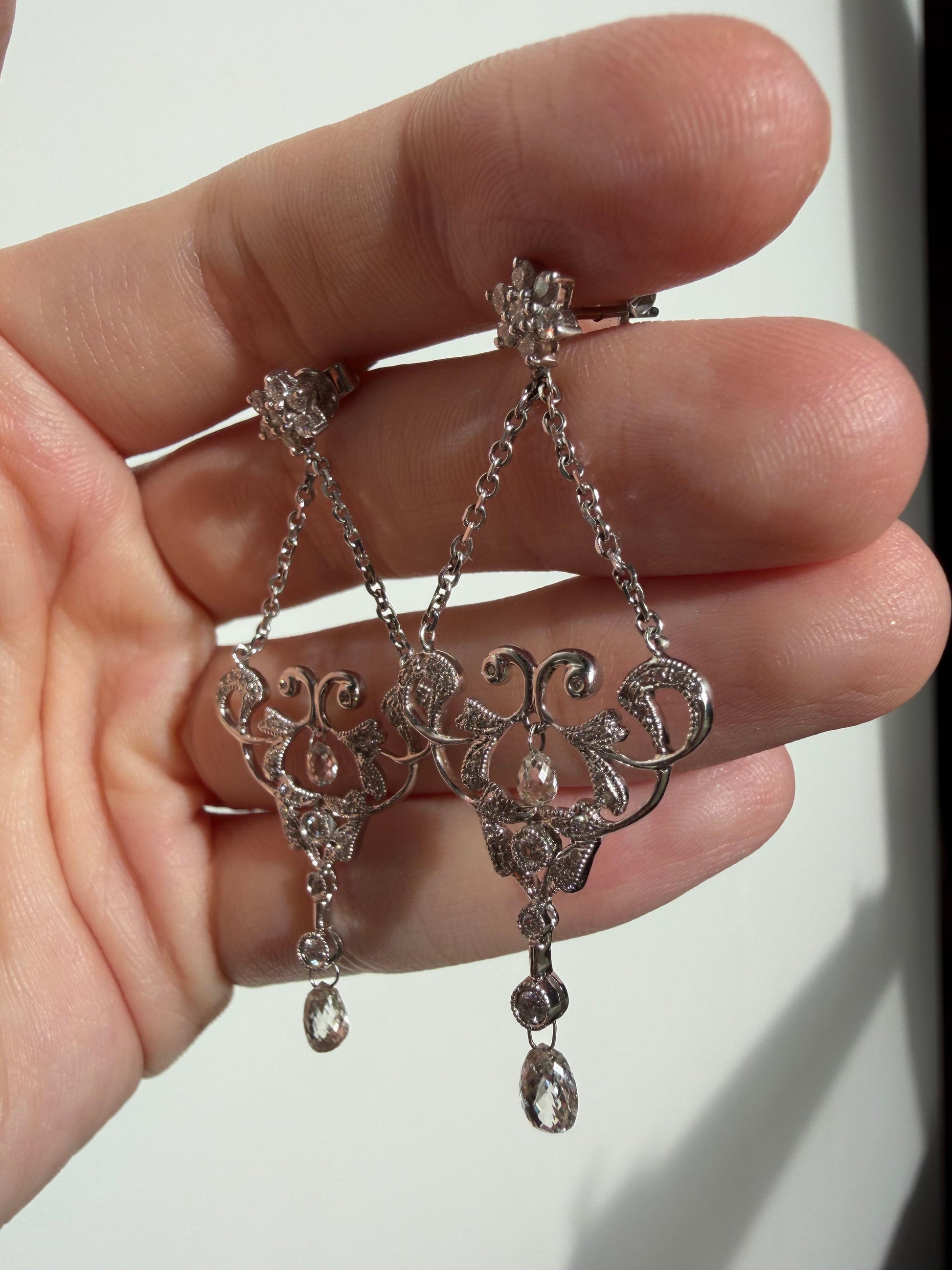 18K White Gold Briolette Diamond Chandelier Drop Earrings