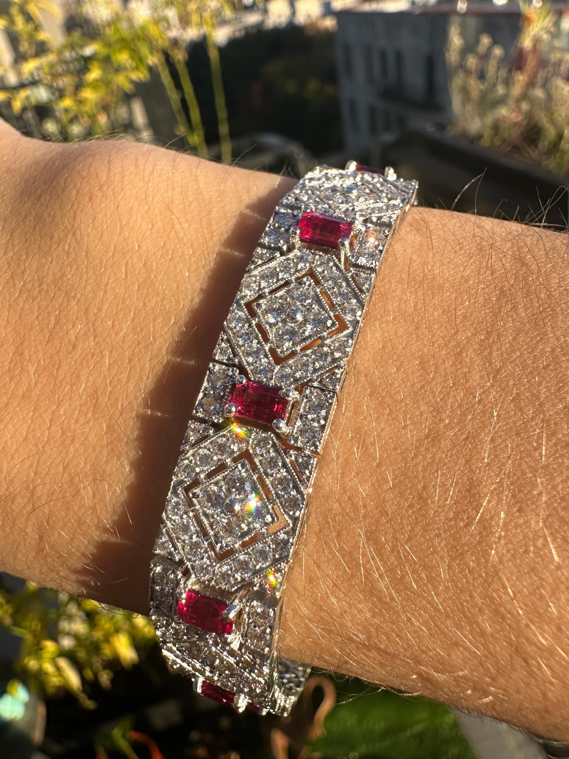 Vintage Inspired 18K 3.61 Carat Emerald Cut Ruby and Diamond Bracelet