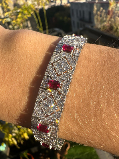 Vintage Inspired 18K 3.61 Carat Emerald Cut Ruby and Diamond Bracelet