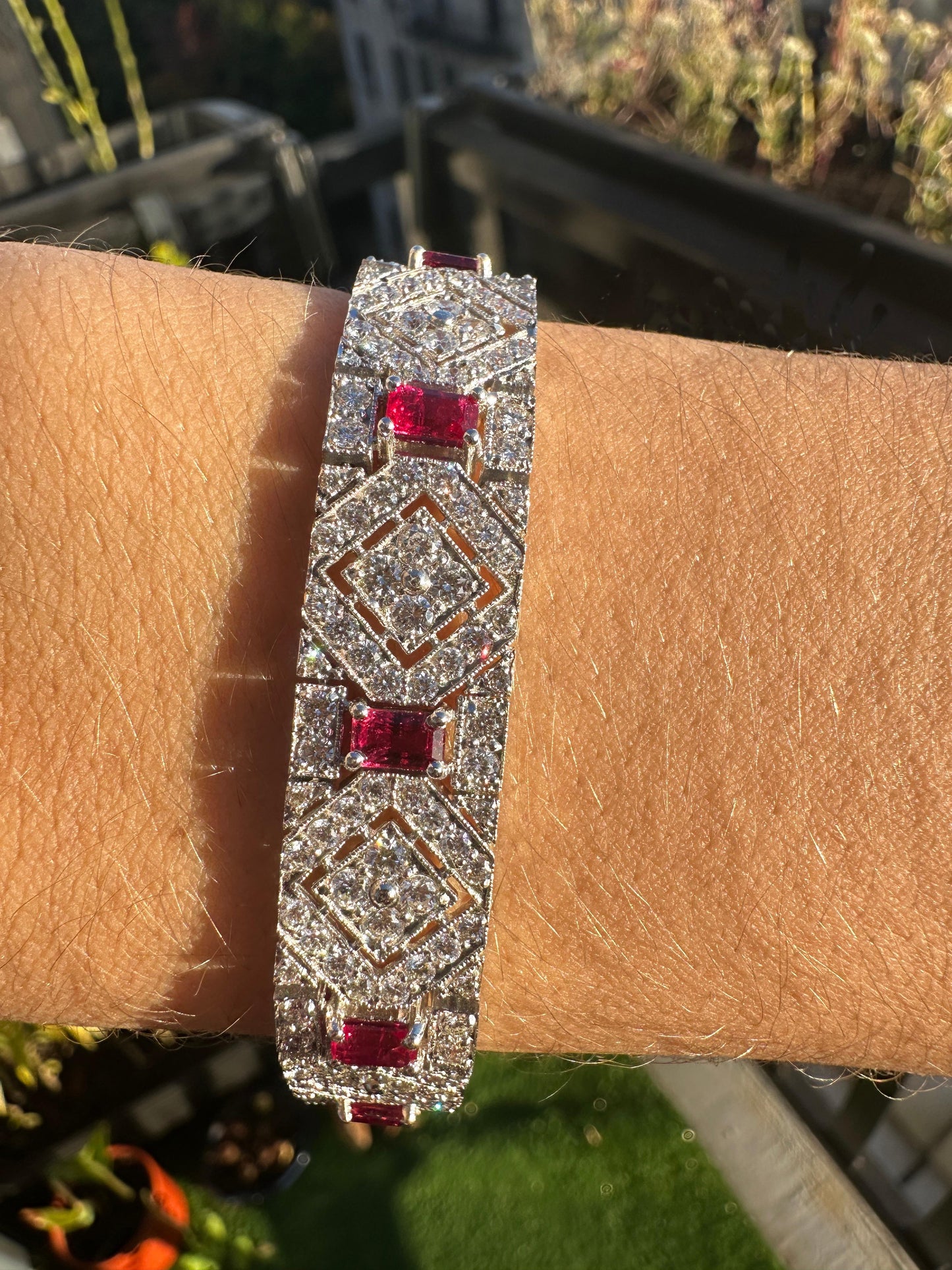 Vintage Inspired 18K 3.61 Carat Emerald Cut Ruby and Diamond Bracelet