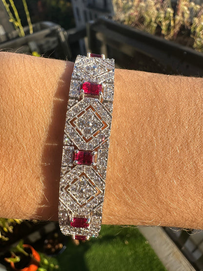 Vintage Inspired 18K 3.61 Carat Emerald Cut Ruby and Diamond Bracelet