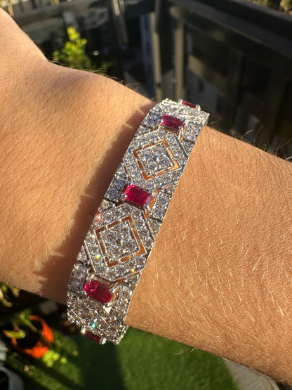 Vintage Inspired 18K 3.61 Carat Emerald Cut Ruby and Diamond Bracelet