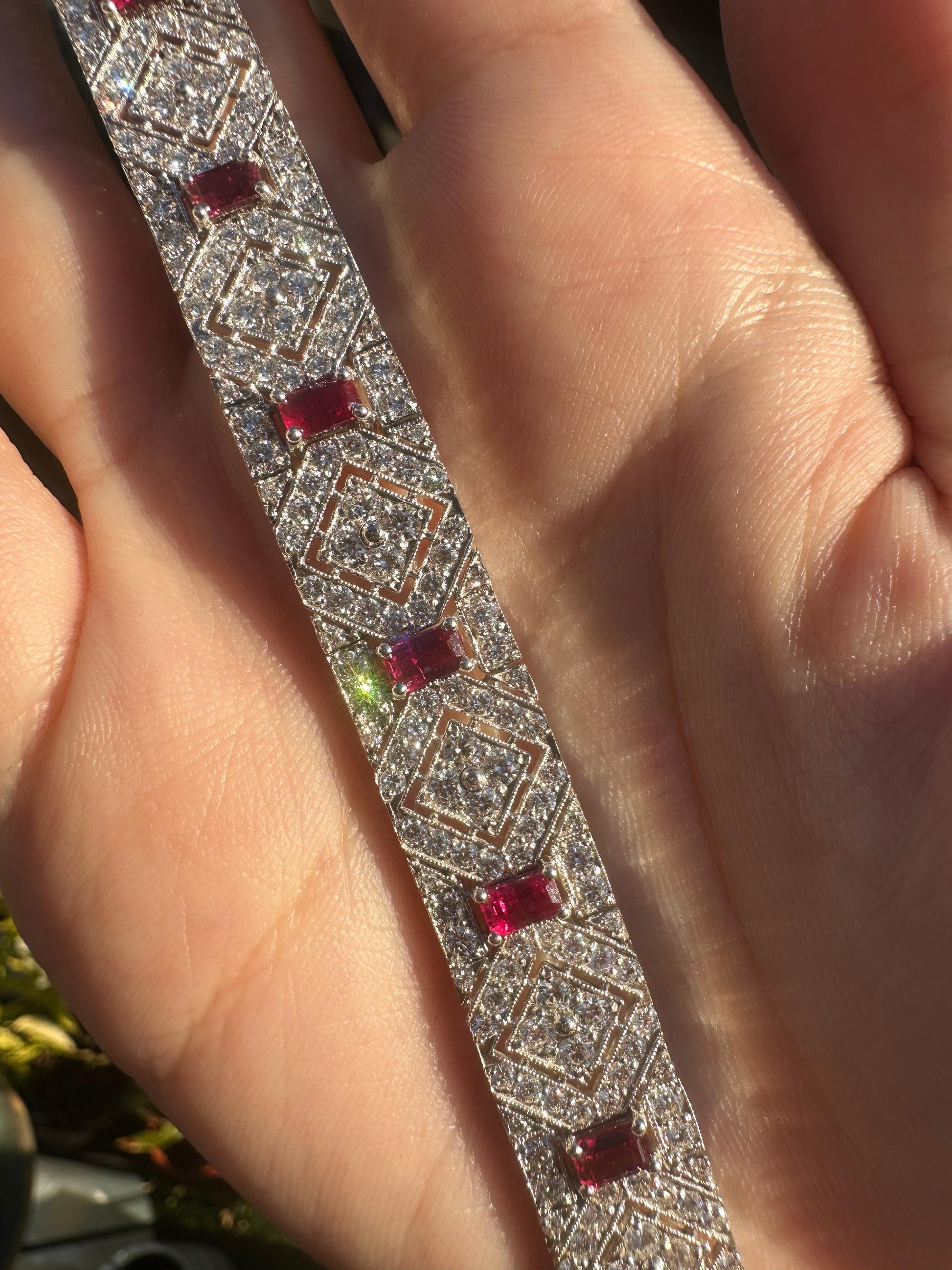Vintage Inspired 18K 3.61 Carat Emerald Cut Ruby and Diamond Bracelet
