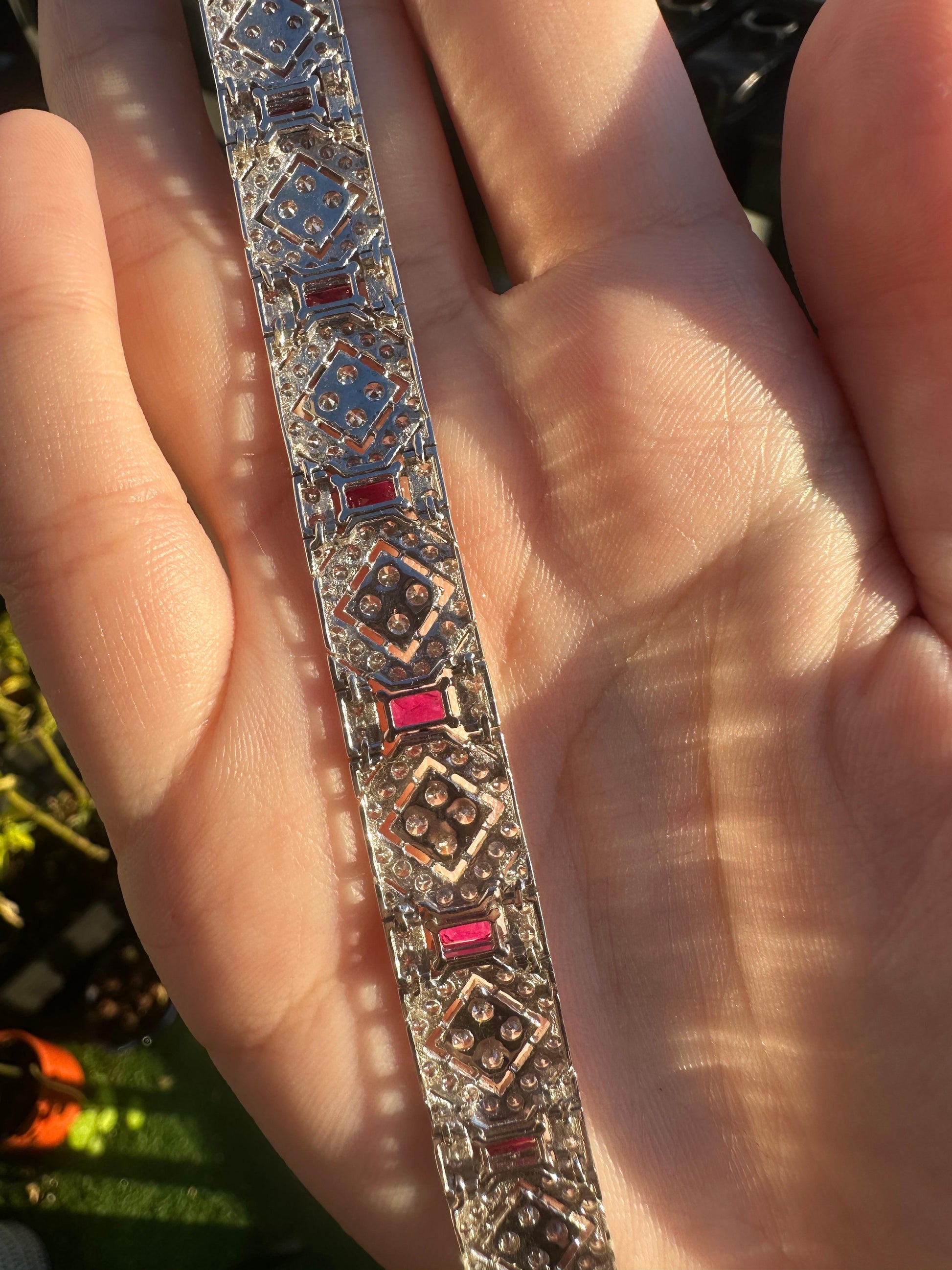 Vintage Inspired 18K 3.61 Carat Emerald Cut Ruby and Diamond Bracelet
