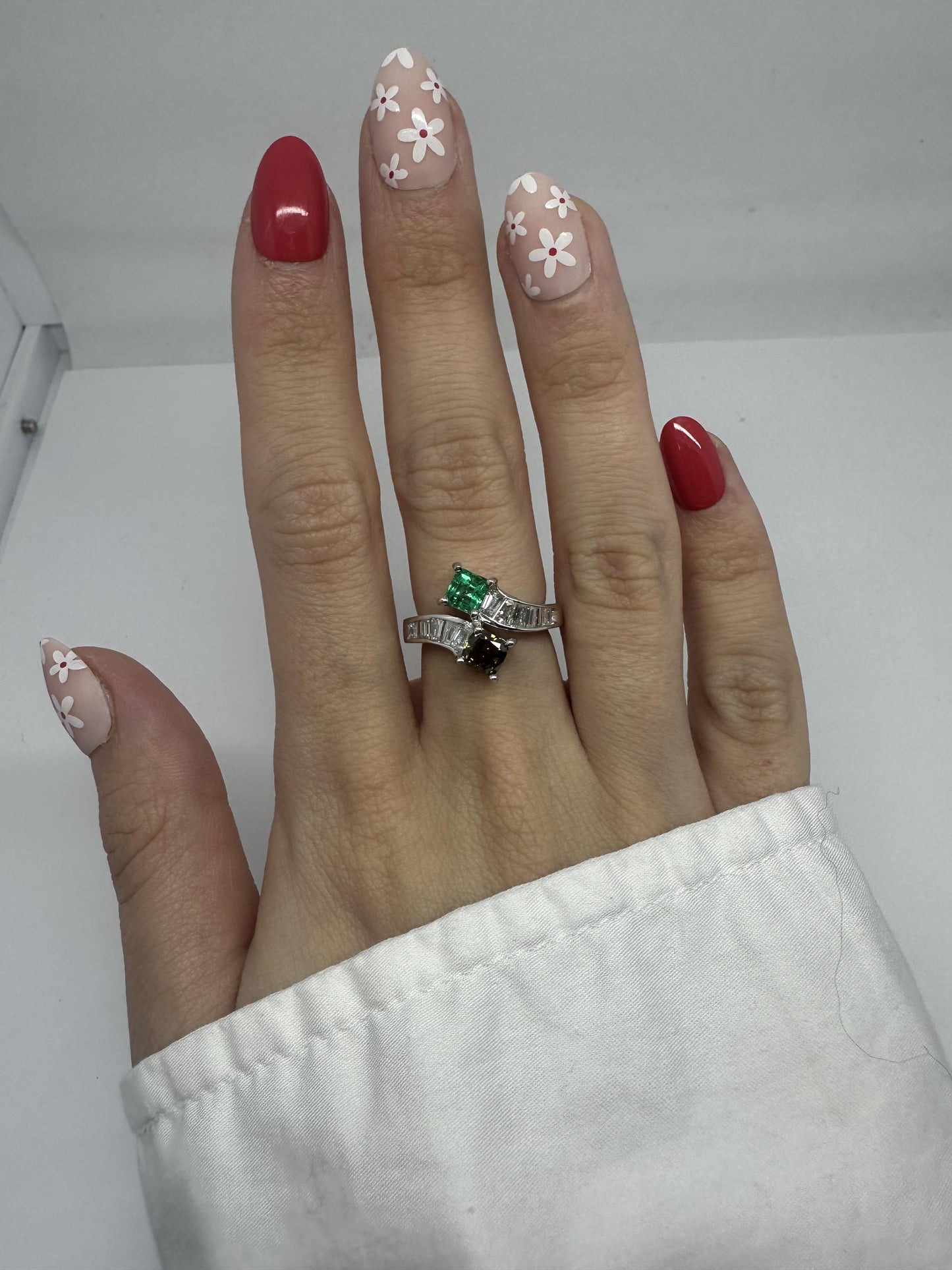 18K White Gold Brown Diamond, Baguette-Cut White Diamond, and Emerald Toi et Moi