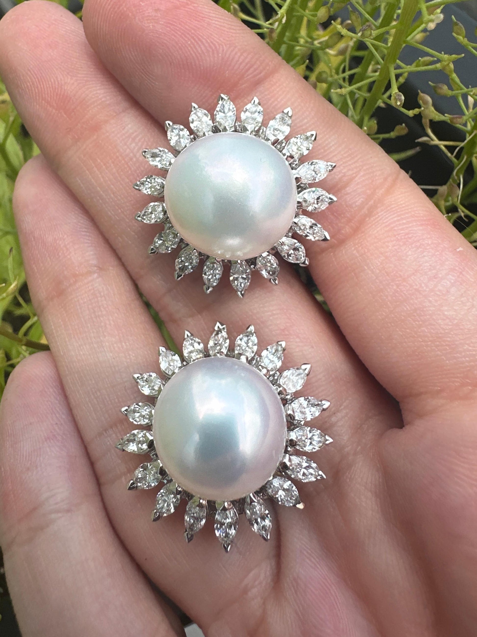 18K Marquise Cut Diamond and Pearl Earrings